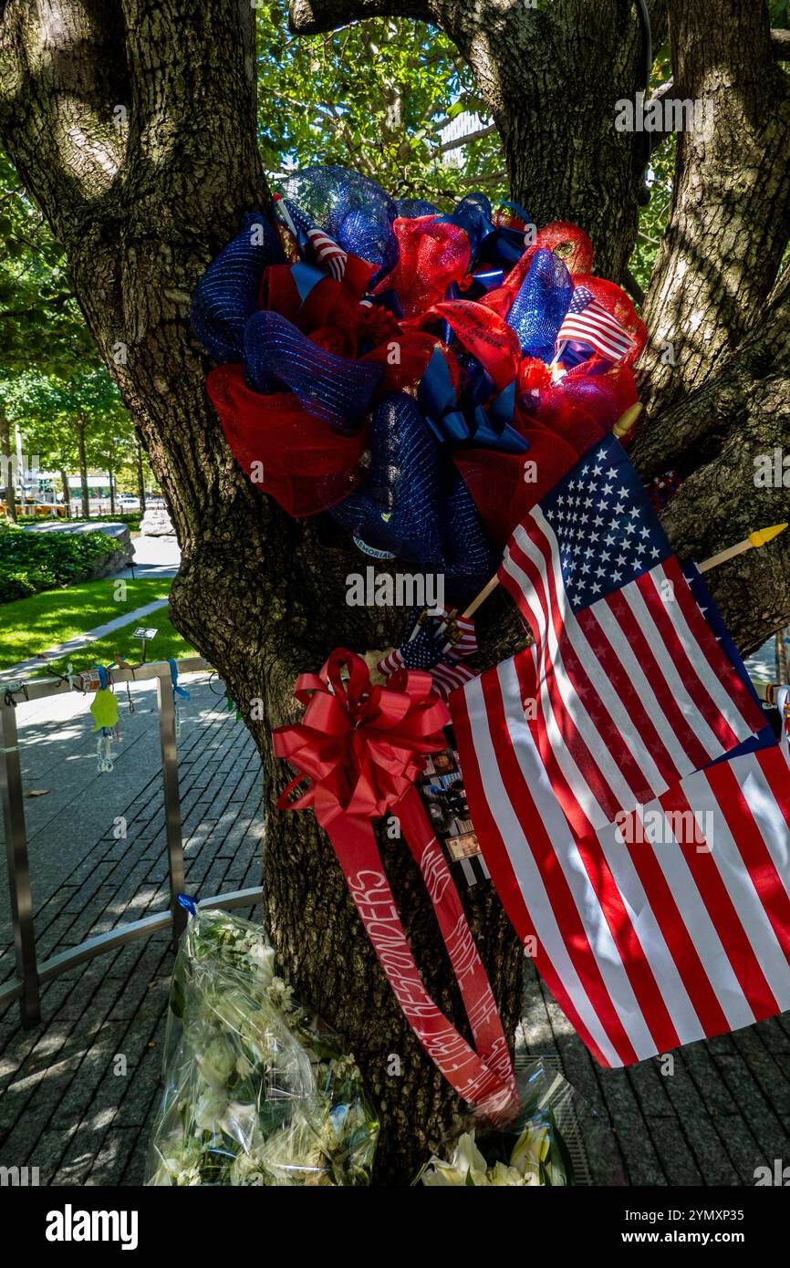Couronne, fleurs et drapeau sur le Callery Pear Tree, Pyrus calleryana, qui est le Survivor Tree au 9/11 Memorial, New York City, NY, États-Unis Banque D'Images
