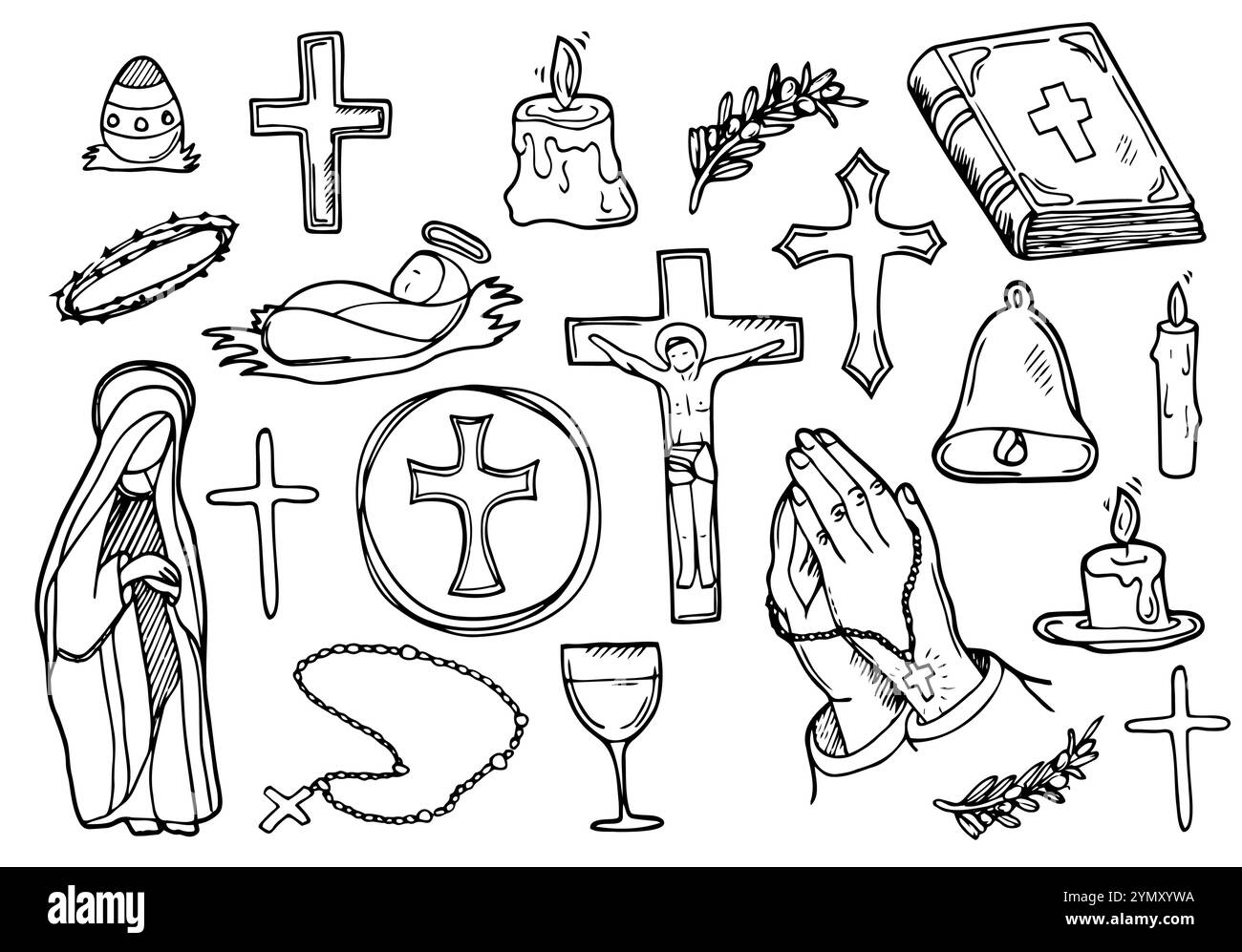 Jeu d'icônes de religion chrétienne. Collection d'illustrations Christianisme Vector. Croix et symboles dessinés à la main style de ligne. Concept de Pâques Illustration de Vecteur Jeu d'icônes de religion chrétienne. Collection d'illustrations Christianisme Vector. Croix et symboles dessinés à la main style de ligne. Concept de Pâques Illustration de Vecteur