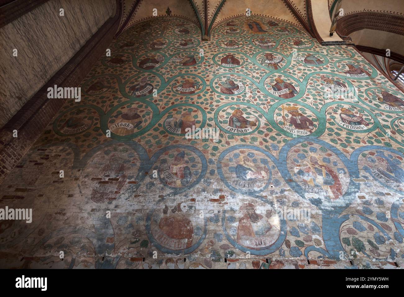 Fresque Wurzel Jesse, descente de Jésus de la maison du roi David comme arbre de vie, église Saint-Nicolas, bâtiment gothique tardif en briques, construit entre 1 Banque D'Images