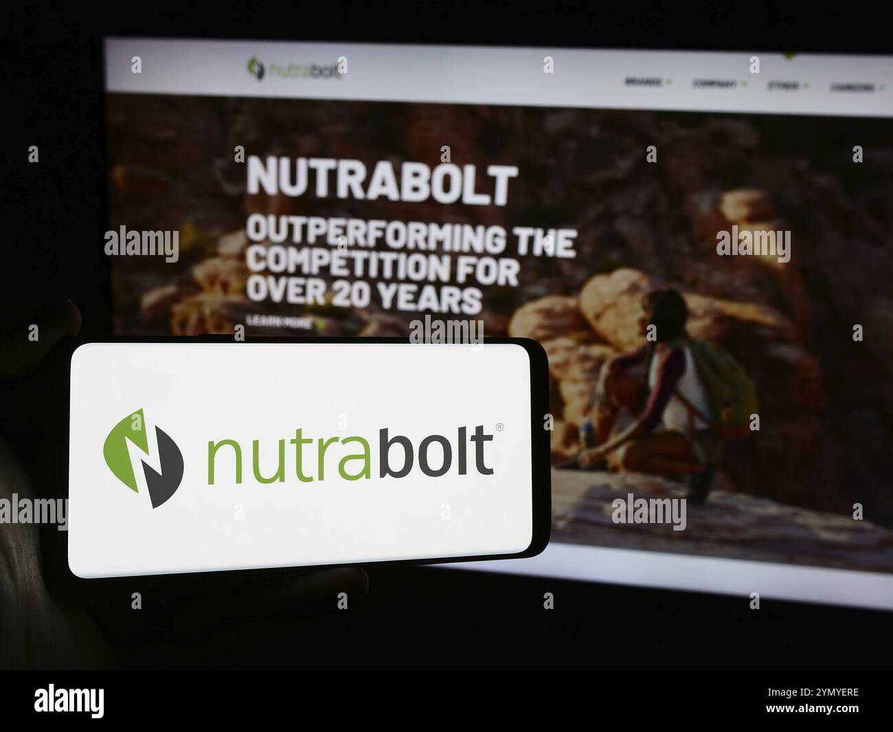 Stuttgart, Allemagne, 07-10-2024 : personne tenant un téléphone portable avec le logo de la société américaine Woodbolt distribution LLC (Nutrabolt) devant la page web. Banque D'Images