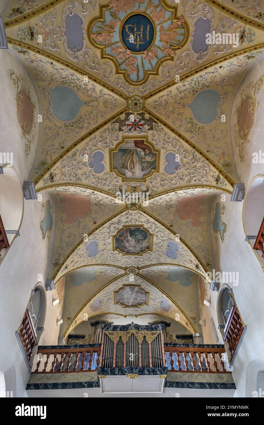 Orgue loft et fresques au plafond, ancienne collégiale Saint-Pierre, église paroissiale catholique romaine, lac de la forêt Bad, haute-Souabe, Bade-Wuerttembe Banque D'Images