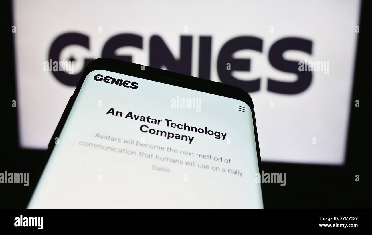 Stuttgart, Allemagne, 03-28-2024, smartphone avec le site web de la société américaine Genies Inc, avatar Technology, devant le logo de l'entreprise. Concentrez-vous sur le coin supérieur gauche du ph Banque D'Images
