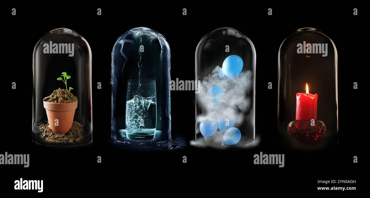 Quatre éléments de la nature sous des bocaux de cloche en verre, la terre, l'air de l'eau et le feu sont les éléments classiques de la terre, concept écologique pour l'environnement holistique Banque D'Images