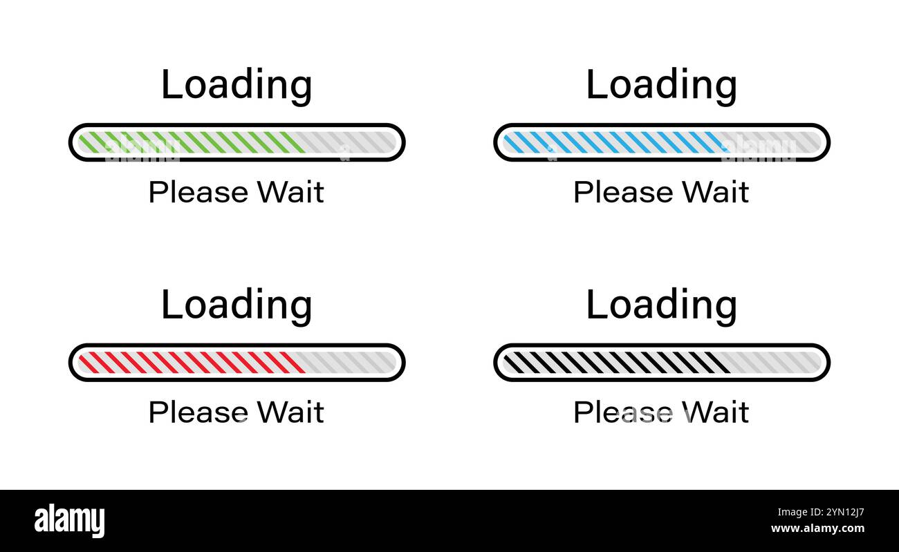 Barre rectangulaire arrondie chargement avec des lignes inclinées s'il vous plaît attendre l'icône de symbole définie en vert, bleu, rouge et noir de couleur. Chargement à 70 %, veuillez patienter. Illustration de Vecteur