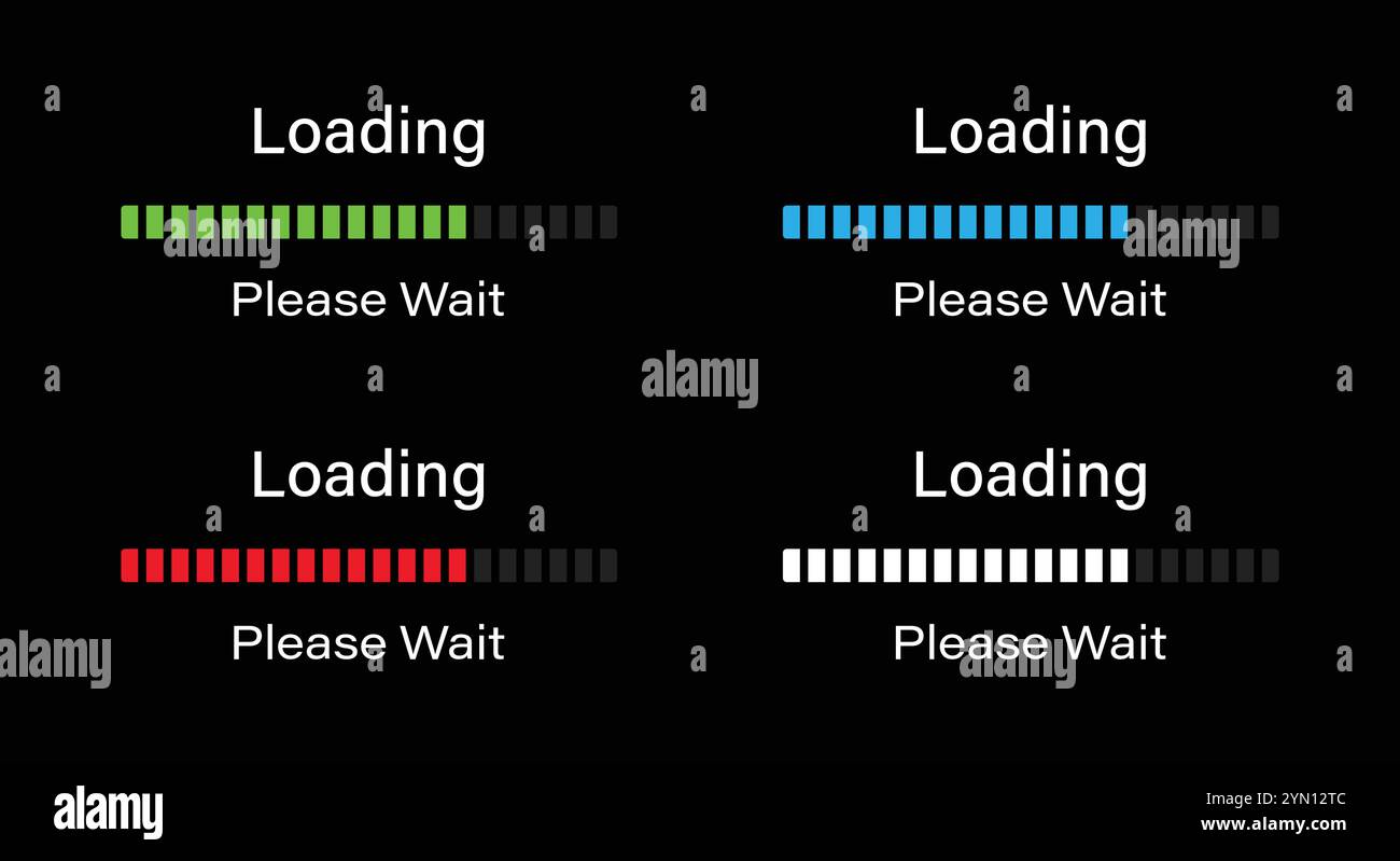 Barre chargement S'il vous plaît attendre icône de symbole définie dans quatre couleurs différentes. Chargement de 70 pour cent s'il vous plaît attendre les infographies de barre de progression en vert, bleu, rouge et blanc Illustration de Vecteur