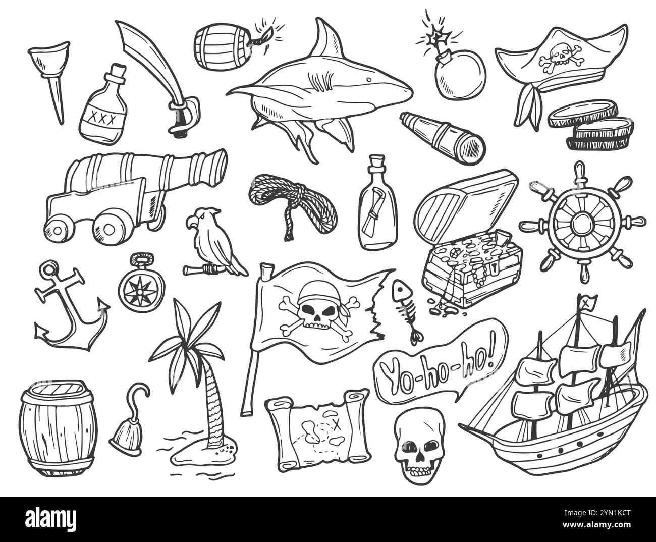 Ensemble de dessins à main levée sur le thème des pirates. Symboles de la piraterie - chapeau, épées, fusils, coffre au Trésor, navire, drapeau noir, emblème jolly roger, crâne et crossbone Illustration de Vecteur