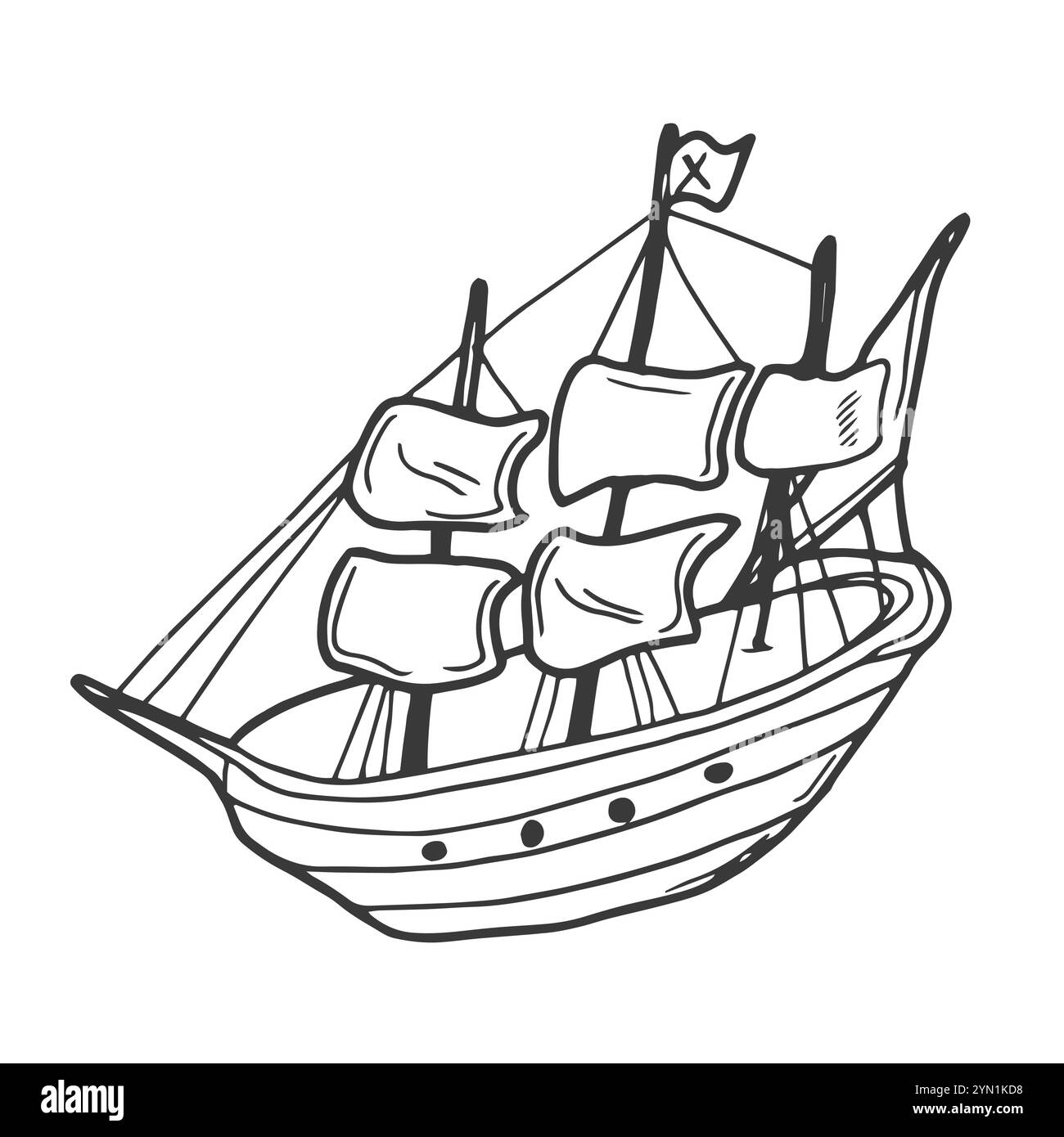 Bateau en bois vintage avec voiles. Illustration du vecteur d'esquisse de navigation Illustration de Vecteur