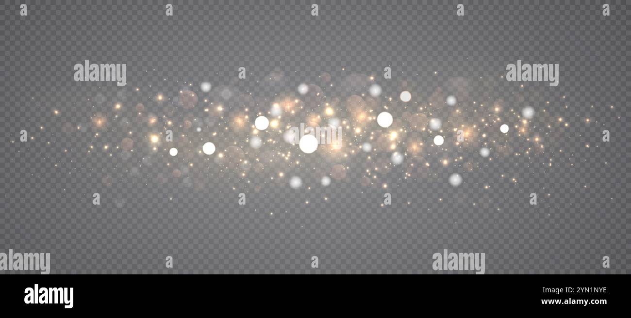 Poussière brillante dorée sur fond transparent. Lumière de Noël étincelante, particules de vacances brillantes magiques avec des étoiles. Illustration de Vecteur