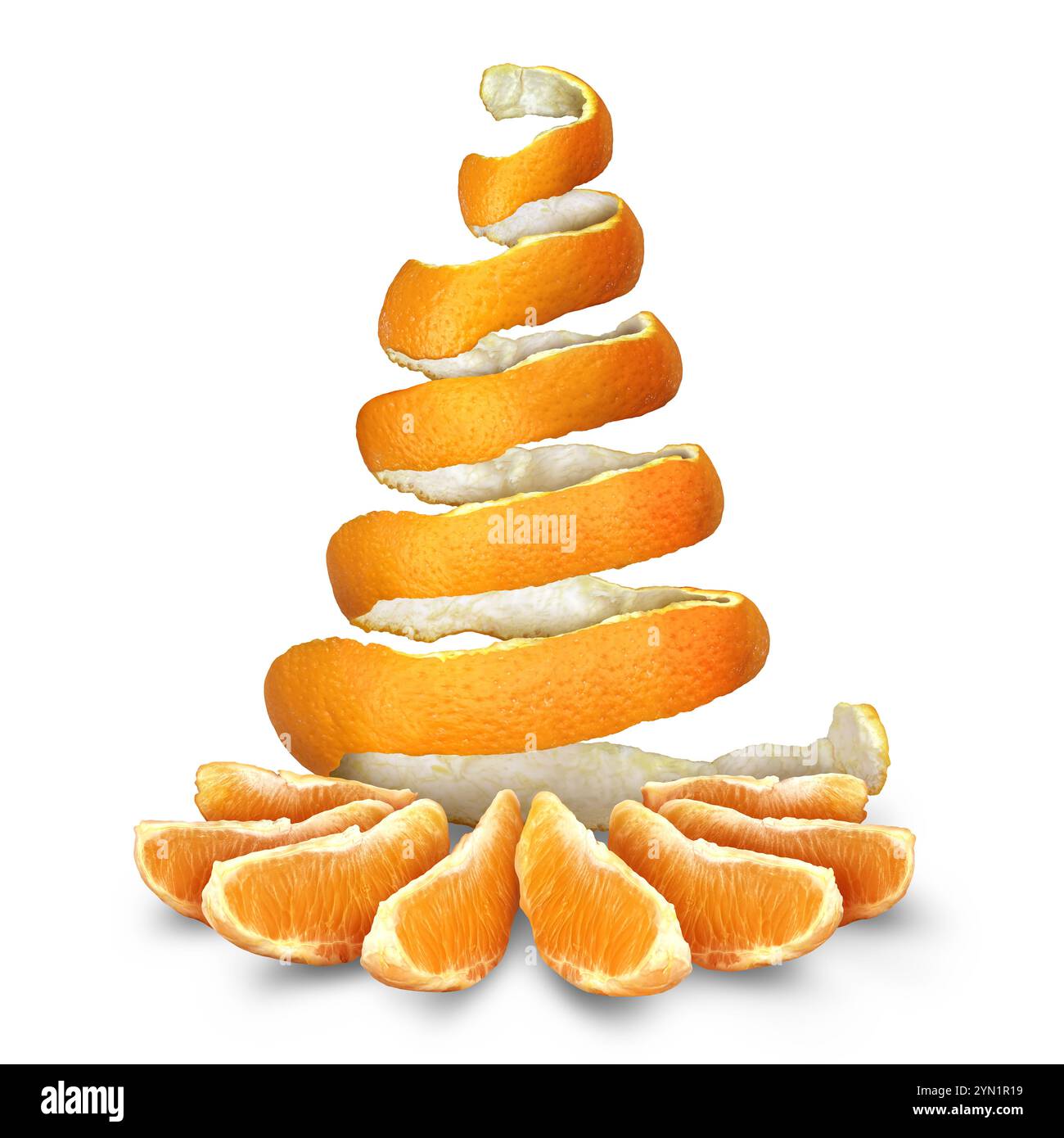 Arbre de Noël de fruit orange comme un design d'art comestible festif comme un arbre de vacances magique célébrant avec des aliments d'agrumes comme un banquet de nouvel an artistique desi Banque D'Images