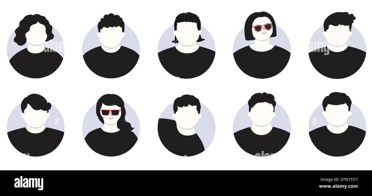 Avatars à pictogramme rond pour utilisateurs masculins et féminins. Icônes de tête de profil de compte de médias sociaux. Illustration de Vecteur