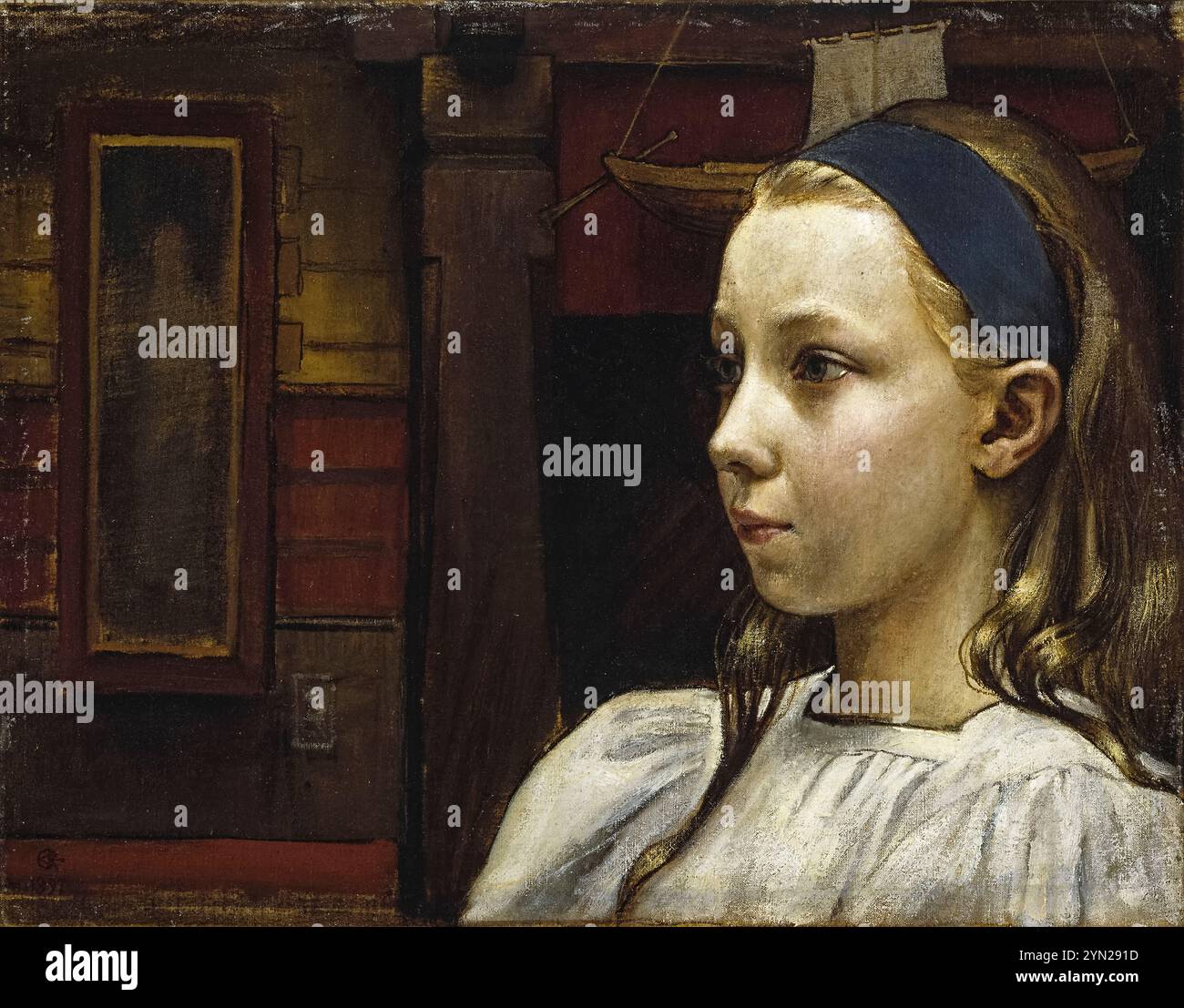 Tête d'une fille (Portrait de la petite Anna) de l'artiste finlandais Akseli Gallen-Kallela (1865-1931) peint en 1897 montrant une jeune fille de profil portant une blouse blanche et un bandeau bleu sur un fond intérieur sombre. Crédit : Galerie nationale finlandaise / Universal Art Archive Banque D'Images Tête d'une fille (Portrait de la petite Anna) de l'artiste finlandais Akseli Gallen-Kallela (1865-1931) peint en 1897 montrant une jeune fille de profil portant une blouse blanche et un bandeau bleu sur un fond intérieur sombre. Crédit : Galerie nationale finlandaise / Universal Art Archive Banque D'Images