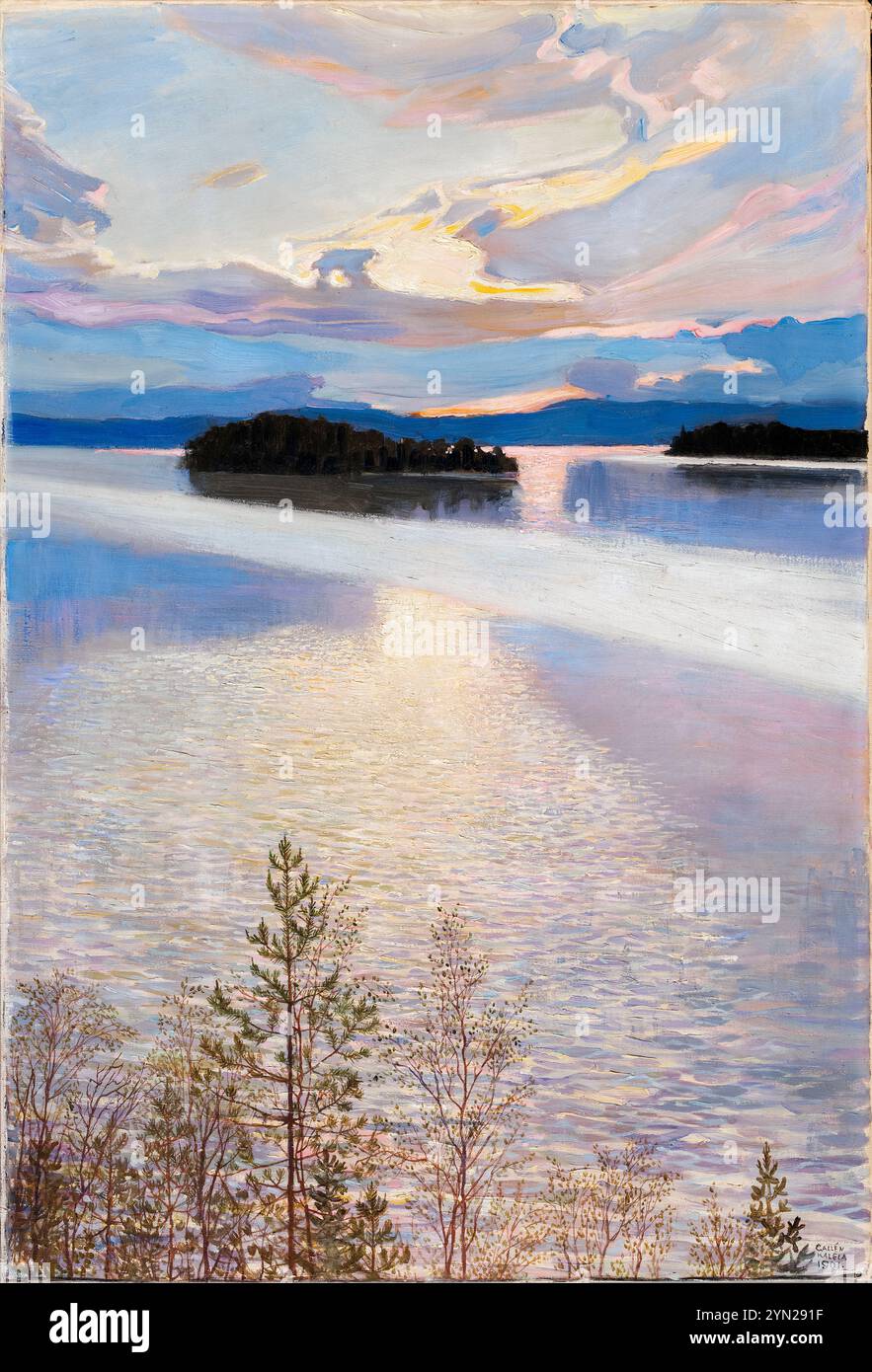 Järvimaisema (paysage lacustre) de l'artiste finlandais Akseli Gallen-Kallela (1865-1931) peint en 1901 montrant une vue sereine du lac finlandais au coucher du soleil avec des îles silhouettes et des pins au premier plan. Crédit : Galerie nationale finlandaise / Universal Art Archive Banque D'Images