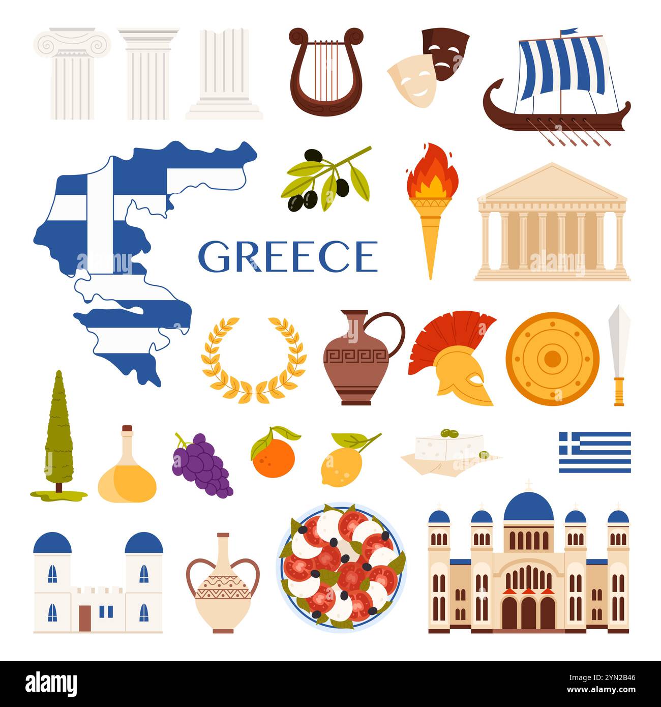 Voyage en Grèce Set. Monuments grecs et éléments de culture nationale, carte de pays avec motif de drapeau et célèbre nourriture méditerranéenne, symboles grecs antiques et illustration vectorielle de dessin animé de temple Illustration de Vecteur