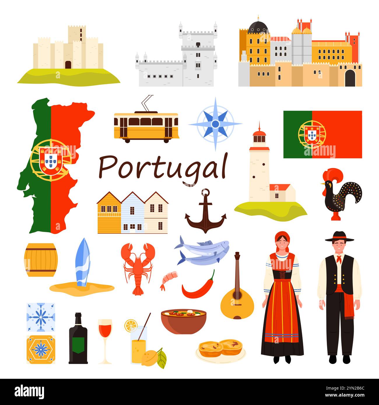 Voyage au Portugal Set. Homme et femme portugais en costumes nationaux, patrimoine de vieux palais et tours, nourriture et vin célèbres, carte avec drapeau de pays et illustration vectorielle de caricature Azulejo Illustration de Vecteur