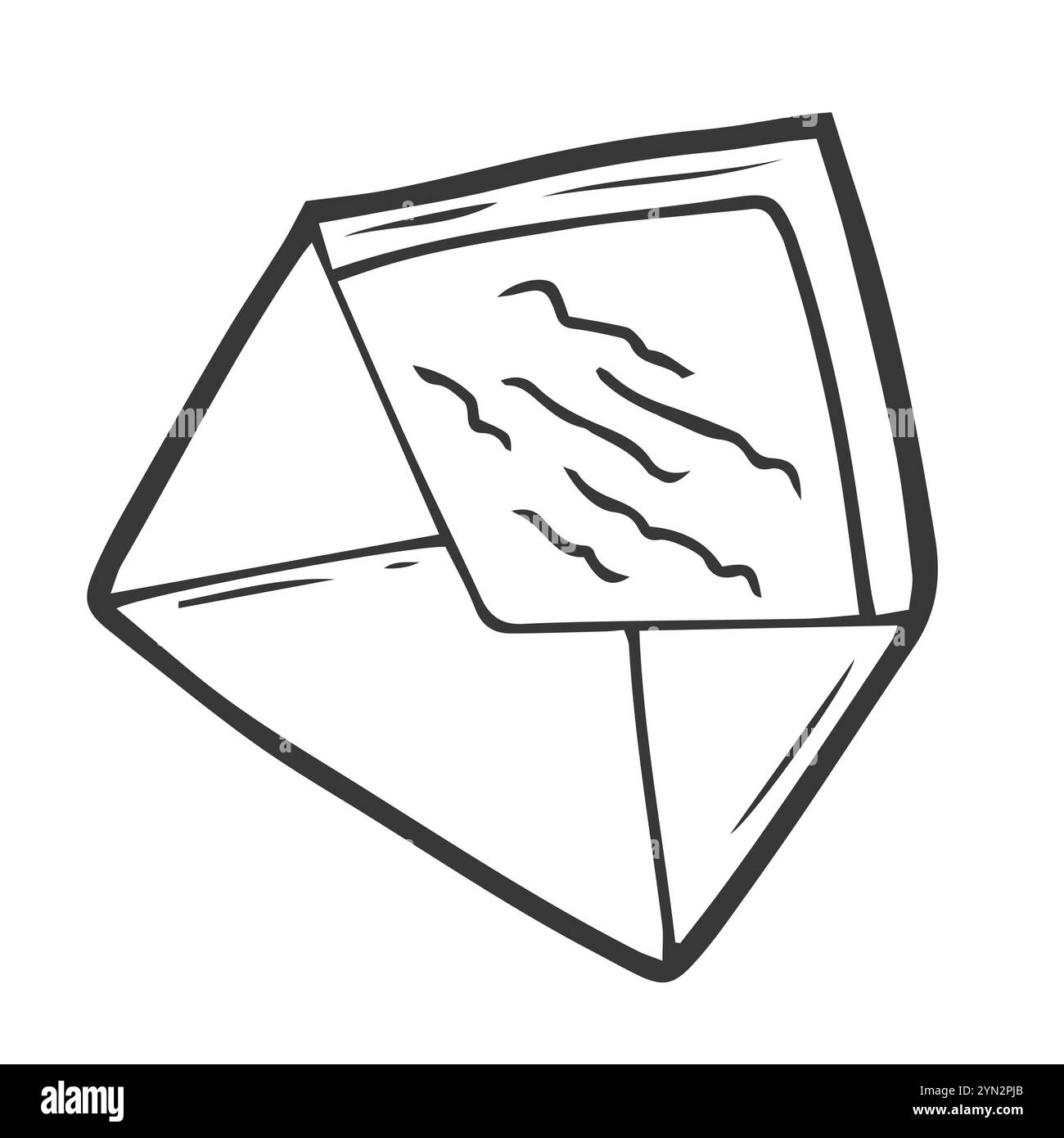 Illustration vectorielle. Griffon dessiné à la main de l'enveloppe ouverte. Le message entrant a été lu. Esquisse de dessin animé. Décoration pour cartes de vœux, affiches, emb Illustration de Vecteur