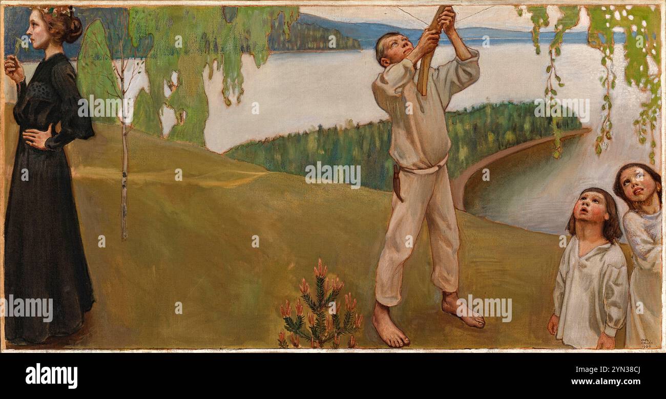 Kevät (printemps) fresque d'Akseli Gallen-Kallela (1865-1931) montrant des figures dans un paysage finlandais avec des bouleaux, créé en 1903 comme travail préparatoire pour le mausolée Juselius à Pori, Finlande. Crédit : Galerie nationale finlandaise / Universal Art Archive Banque D'Images Kevät (printemps) fresque d'Akseli Gallen-Kallela (1865-1931) montrant des figures dans un paysage finlandais avec des bouleaux, créé en 1903 comme travail préparatoire pour le mausolée Juselius à Pori, Finlande. Crédit : Galerie nationale finlandaise / Universal Art Archive Banque D'Images