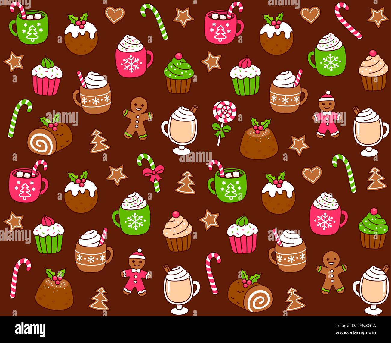 Modèle sans couture de la nourriture traditionnelle de Noël : desserts, boissons, biscuits et bonbons. Doodles dessinés à la main mignons, illustration de fond vectoriel de dessin animé. Illustration de Vecteur