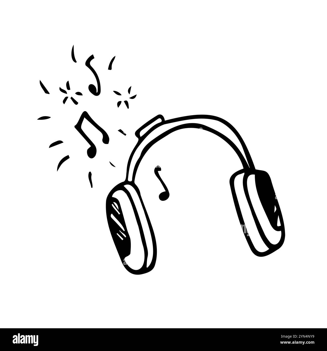 Casque avec un son et des notes. Casque pour la musique ou un casque. Dessin à la main. Isolé sur un fond blanc. Illustration de Vecteur