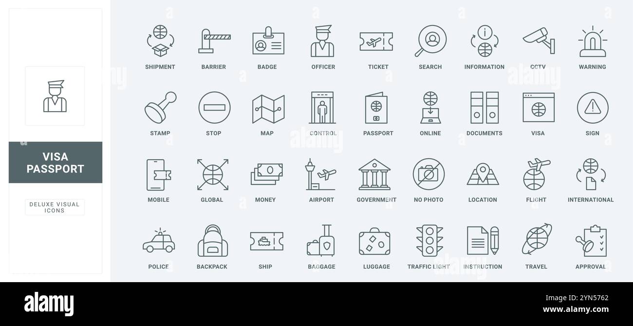 Documents avec des informations et une photo, estampiller l'illustration vectorielle de symboles de contour noir mince. Passeport et carte d'identité, visa d'affaires et de tourisme, identification légale dans les icônes de ligne de pays définies. Illustration de Vecteur