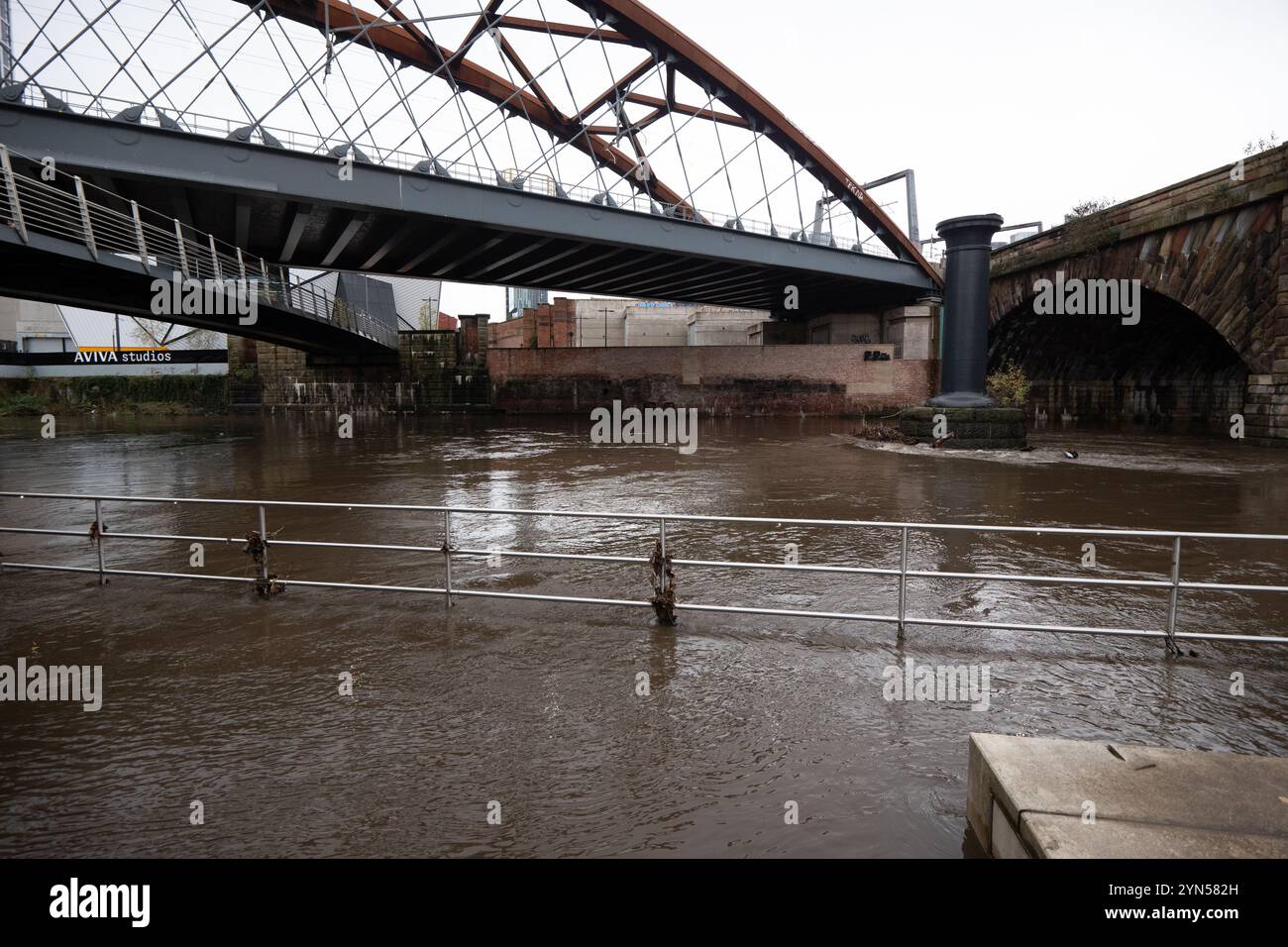 Manchester, Royaume-Uni. 24 novembre 2024. Chemin inondé au centre de Manchester près des studios Aviva. La tempête Bert a provoqué l'inondation des rives de la rivière Irwell, bloquant les allées fluviales pour les promeneurs de chiens et les piétons dans le centre de Manchester, près des studios Aviva. Le cours inférieur de la rivière Irwell à Manchester, Salford et Trafford sont tous confrontés à de graves alertes d'inondation avec plus de prévisions de pluie. Manchester Royaume-Uni . Photo : Garyroberts/worldwidefeatures.com crédit : GaryRobertsphotography/Alamy Live News Banque D'Images