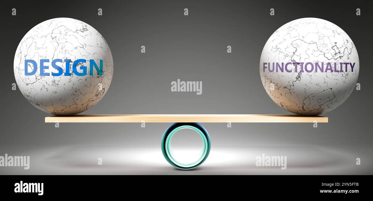 Design et fonctionnalité en équilibre. Une métaphore montrant le Design en équilibre avec la fonctionnalité, symbolisant une harmonie souhaitée entre eux. Stabilise Banque D'Images