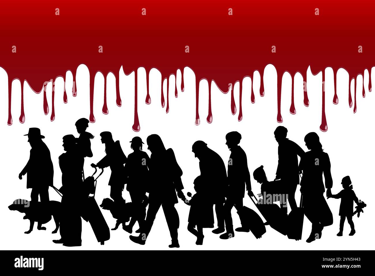 Silhouette d'un groupe de réfugiés sous une frontière qui coule de sang, concept abstrait de guerre Illustration de Vecteur