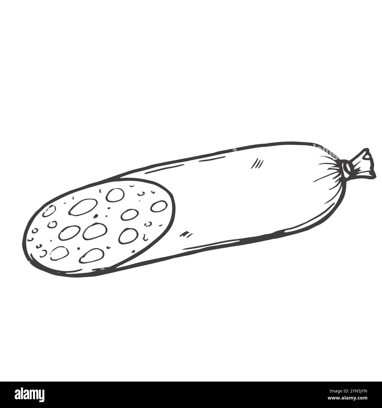 Illustration vectorielle d'icône de contour de saucisse de salami. Alignez des tranches dessinées à la main et un rouleau de porc charcuterie, du chorizo italien ou une sauce traditionnelle allemande fumée Illustration de Vecteur