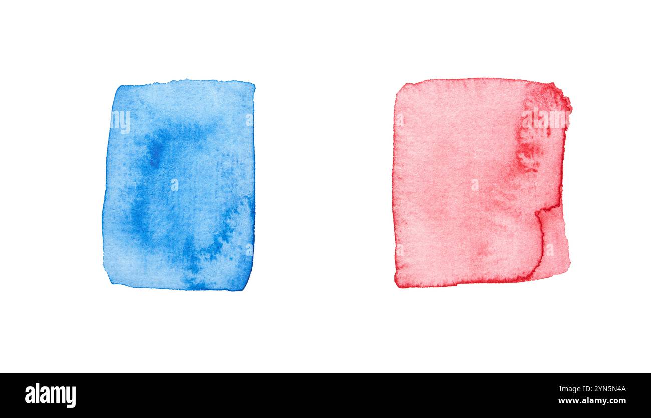 Art abstrait des rectangles d'aquarelle bleue et rouge sur fond blanc propre pour un design créatif. Banque D'Images