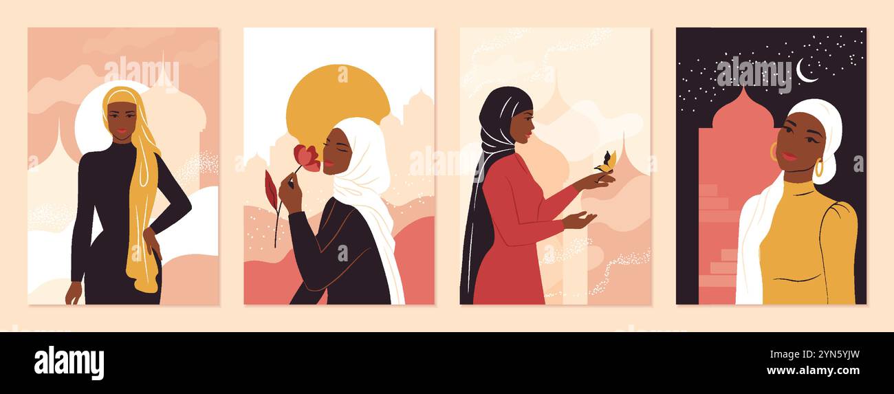 Femme hijab. Fille du voile musulman. Portrait de style géométrique moderne. Mode arabe avec des accents de fleurs légères. Jolie silhouette. Femme élégante dans la ville arabe. Illustration de Vecteur