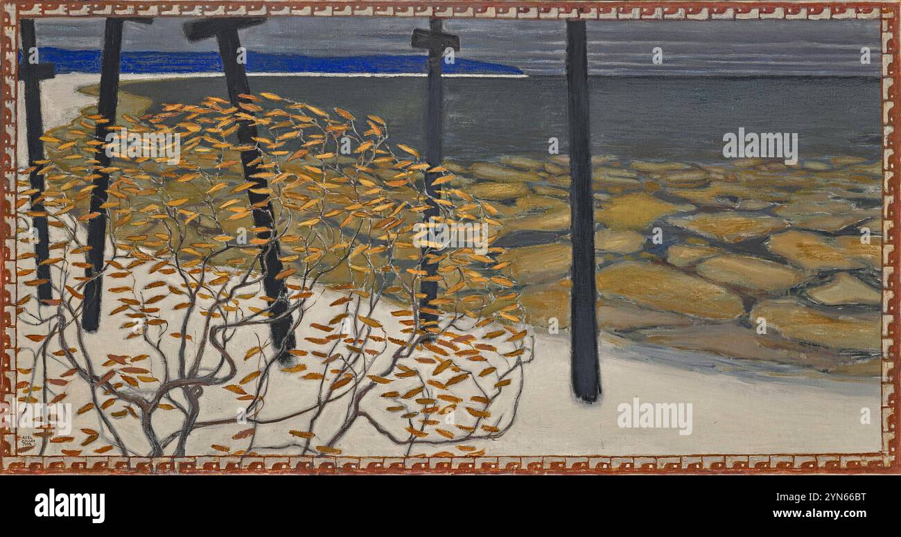 Automne, les cinq croix (Syksy, viisi ristiä) fresque d'Akseli Gallen-Kallela (1865-1931) montrant un paysage automnal avec des croix noires et des feuilles dorées contre un horizon sombre, créé en 1902 comme travail préparatoire pour le mausolée Juselius à Pori, Finlande. Banque D'Images Automne, les cinq croix (Syksy, viisi ristiä) fresque d'Akseli Gallen-Kallela (1865-1931) montrant un paysage automnal avec des croix noires et des feuilles dorées contre un horizon sombre, créé en 1902 comme travail préparatoire pour le mausolée Juselius à Pori, Finlande. Banque D'Images