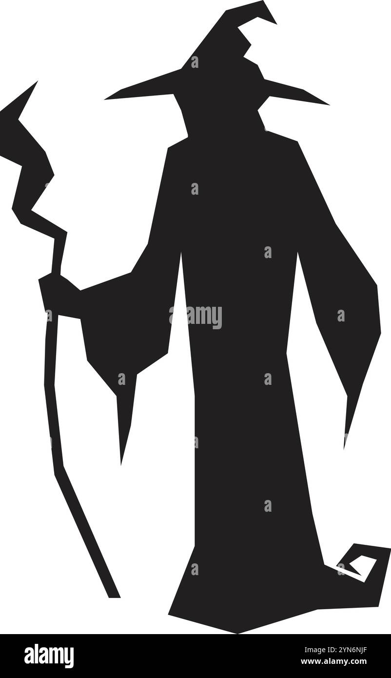 Silhouette noire d'un sorcier portant un chapeau pointu et tenant un bâton magique avec un éclair sur le dessus, créant un mystérieux et magique Illustration de Vecteur