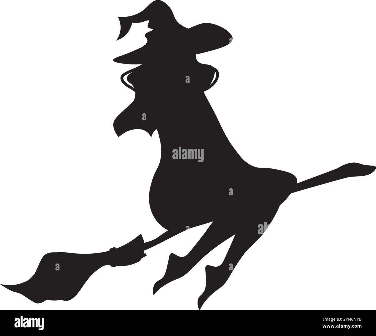 Silhouette noire d'une sorcière portant un chapeau pointu et volant sur un balai, idéal pour les célébrations d'halloween et les motifs effrayants Illustration de Vecteur