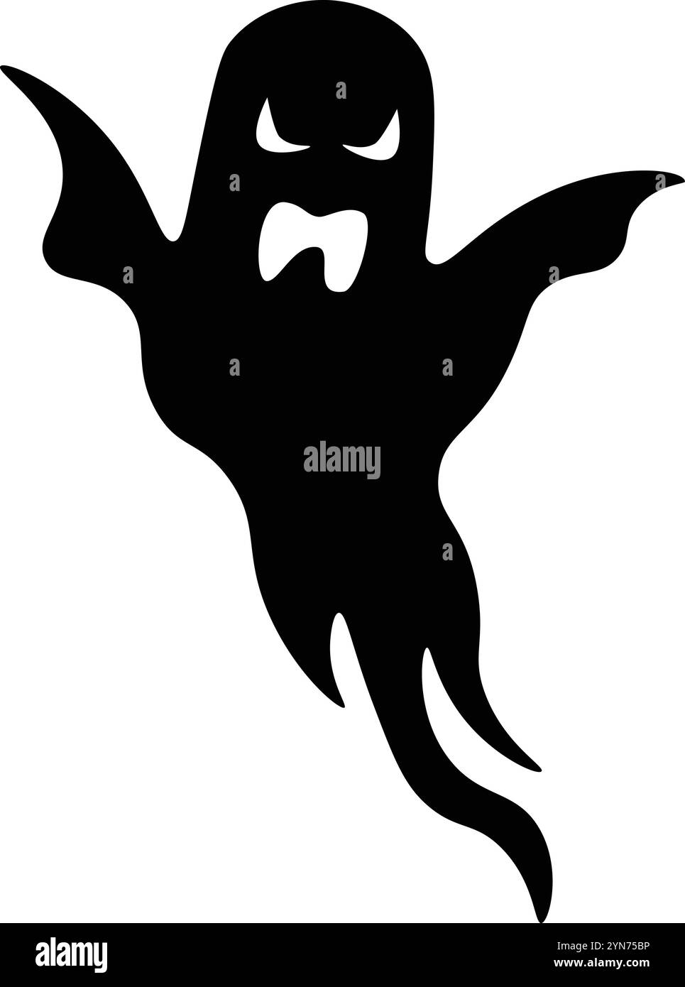 Silhouette noire d'un fantôme effrayant volant avec sa bouche ouverte et une expression menaçante, parfait pour les projets d'halloween Illustration de Vecteur