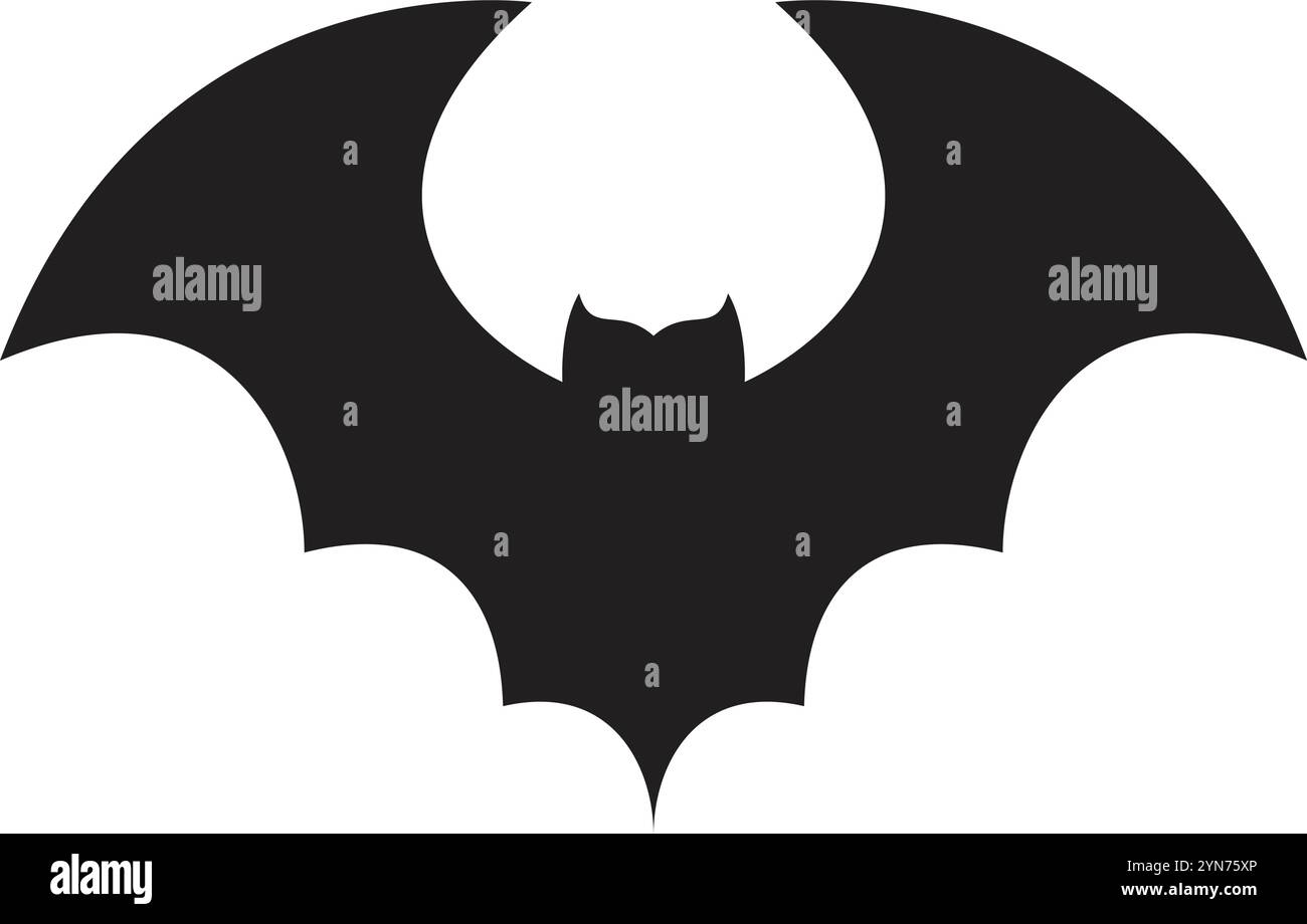 Silhouette de chauve-souris noire stylisée déployant ses ailes, créant une présence dramatique et inquiétante sur un fond blanc propre, parfait pour halloween ou Illustration de Vecteur
