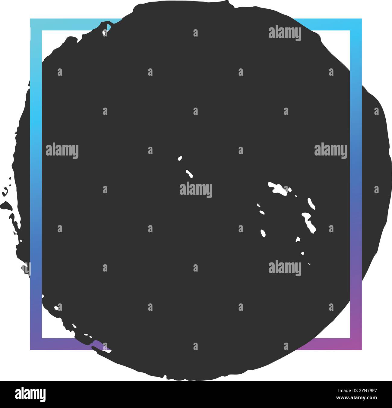 Le cercle grunge noir captivant dans un cadre carré bleu et violet ajoute une touche moderne à n'importe quel projet. Parfait pour les affiches, les bannières et plus encore Illustration de Vecteur