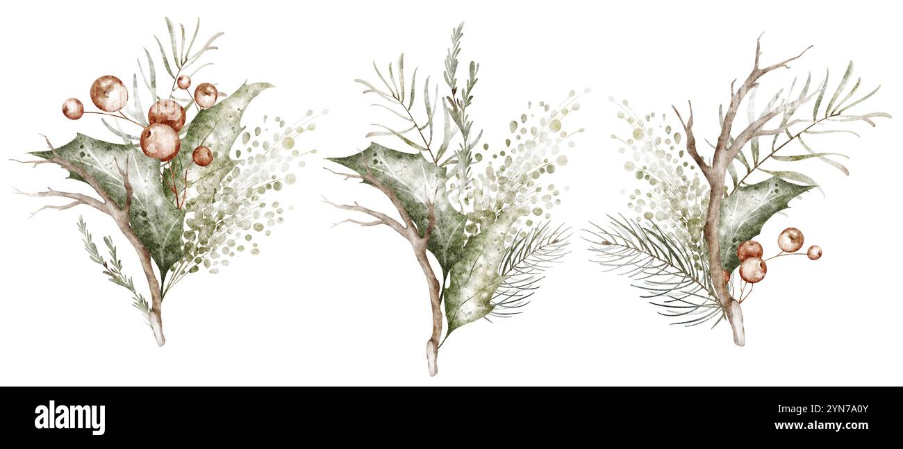Décoration de Noël houx aquarelle Banque D'Images