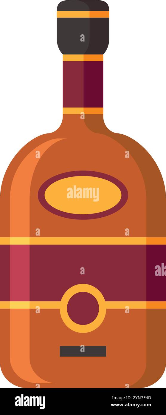 Bouteille fermée d'alcool avec étiquettes dorées et bouchon, isolé sur fond blanc représentant spiritueux, liqueur, rhum, brandy, whisky, ou autre Illustration de Vecteur