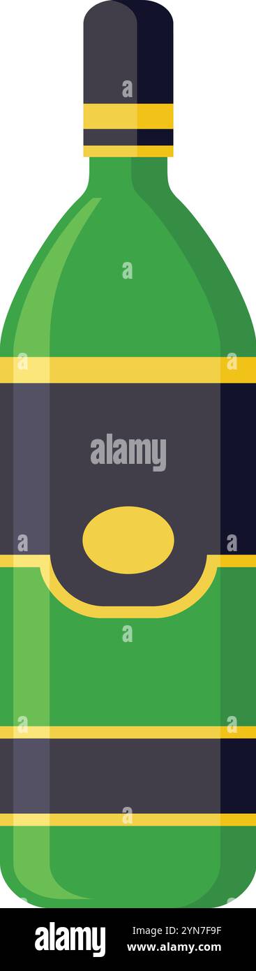 Gros plan d'une bouteille de vin vert arborant une étiquette noire proéminente avec des garnitures dorées et un cercle doré central, véhiculant élégance et sophistication Illustration de Vecteur