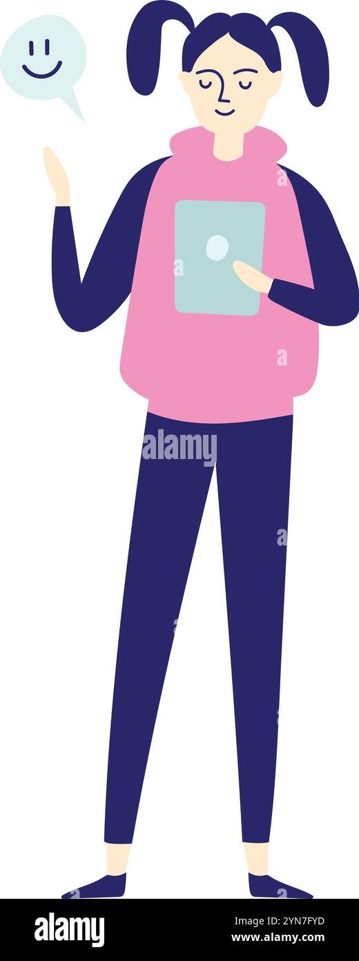 La jeune femme tient une tablette et fait des gestes avec sa main tandis que des emoji positifs apparaissent dans la bulle de discours, exprimant sa satisfaction avec Internet Illustration de Vecteur La jeune femme tient une tablette et fait des gestes avec sa main tandis que des emoji positifs apparaissent dans la bulle de discours, exprimant sa satisfaction avec Internet Illustration de Vecteur