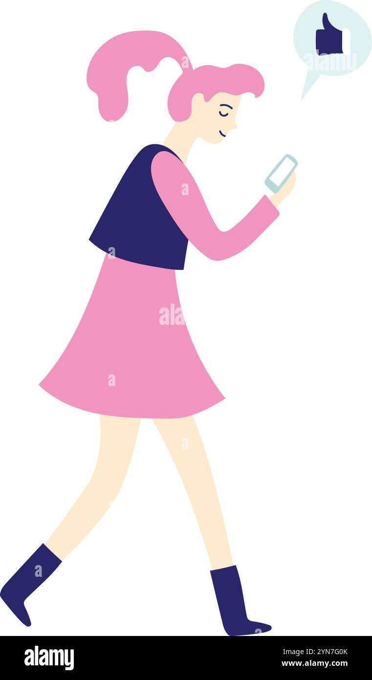 Jeune femme élégante aux cheveux roses marche et utilise son téléphone portable, avec une notification similaire apparaissant ci-dessus, représentant l'approbation des médias sociaux Illustration de Vecteur Jeune femme élégante aux cheveux roses marche et utilise son téléphone portable, avec une notification similaire apparaissant ci-dessus, représentant l'approbation des médias sociaux Illustration de Vecteur