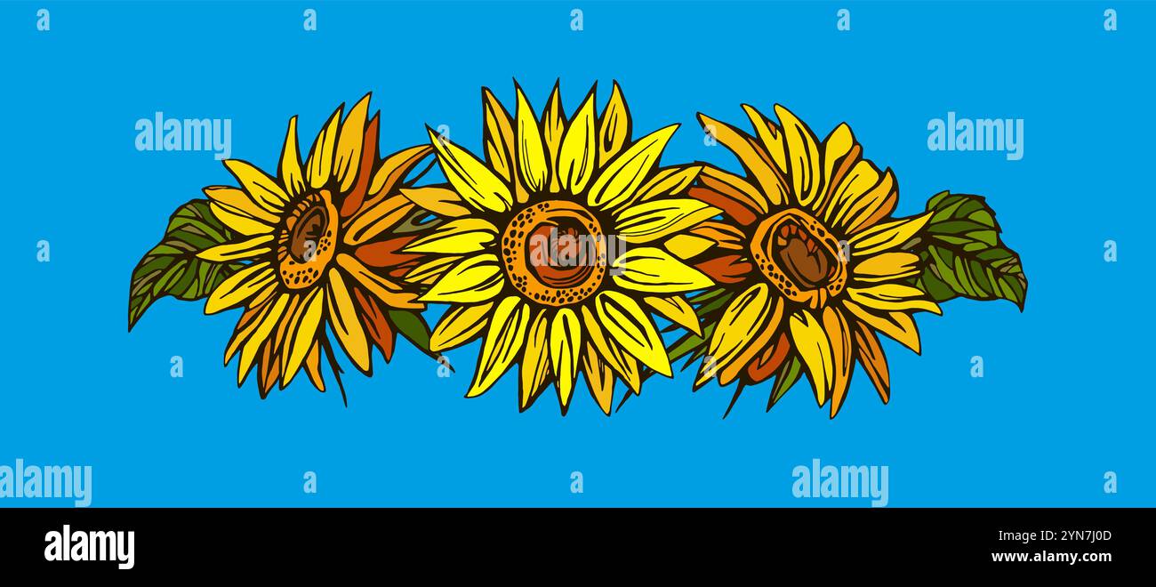 Sunflower Line Art, Fine Line bouquets de tournesol illustration dessinée à la main. Coloriage avec tournesols. Illustration de Vecteur