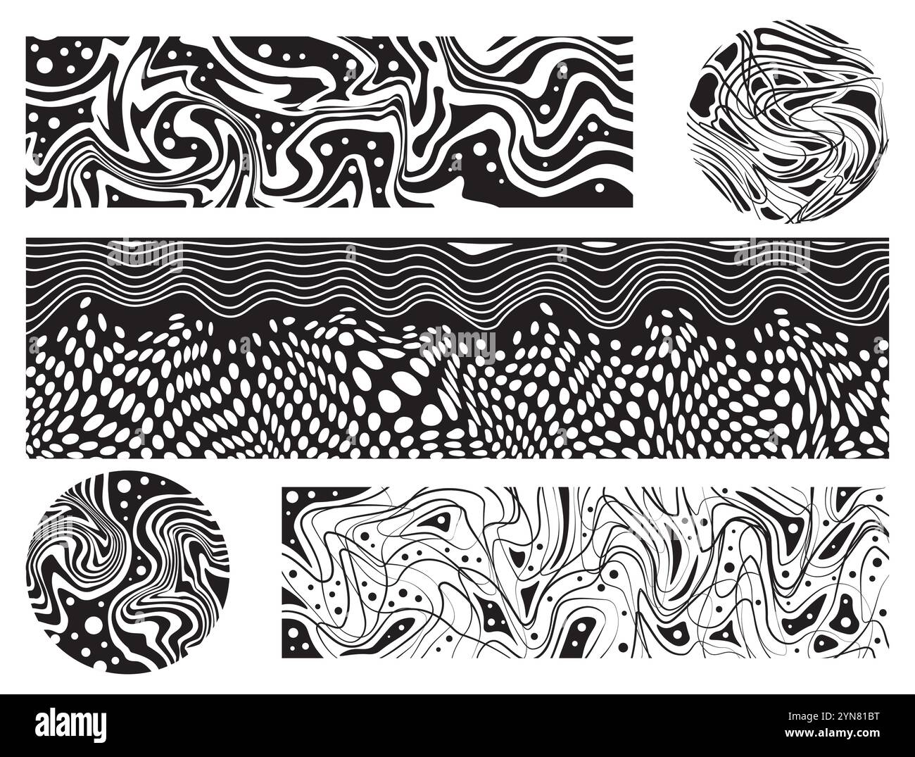 Ensemble de motifs trippy psychédéliques. Ornements groovy et liquides. Créativité minimaliste et compris Composition et collage dynamiques. Collection de vecteurs linéaires Illustration de Vecteur
