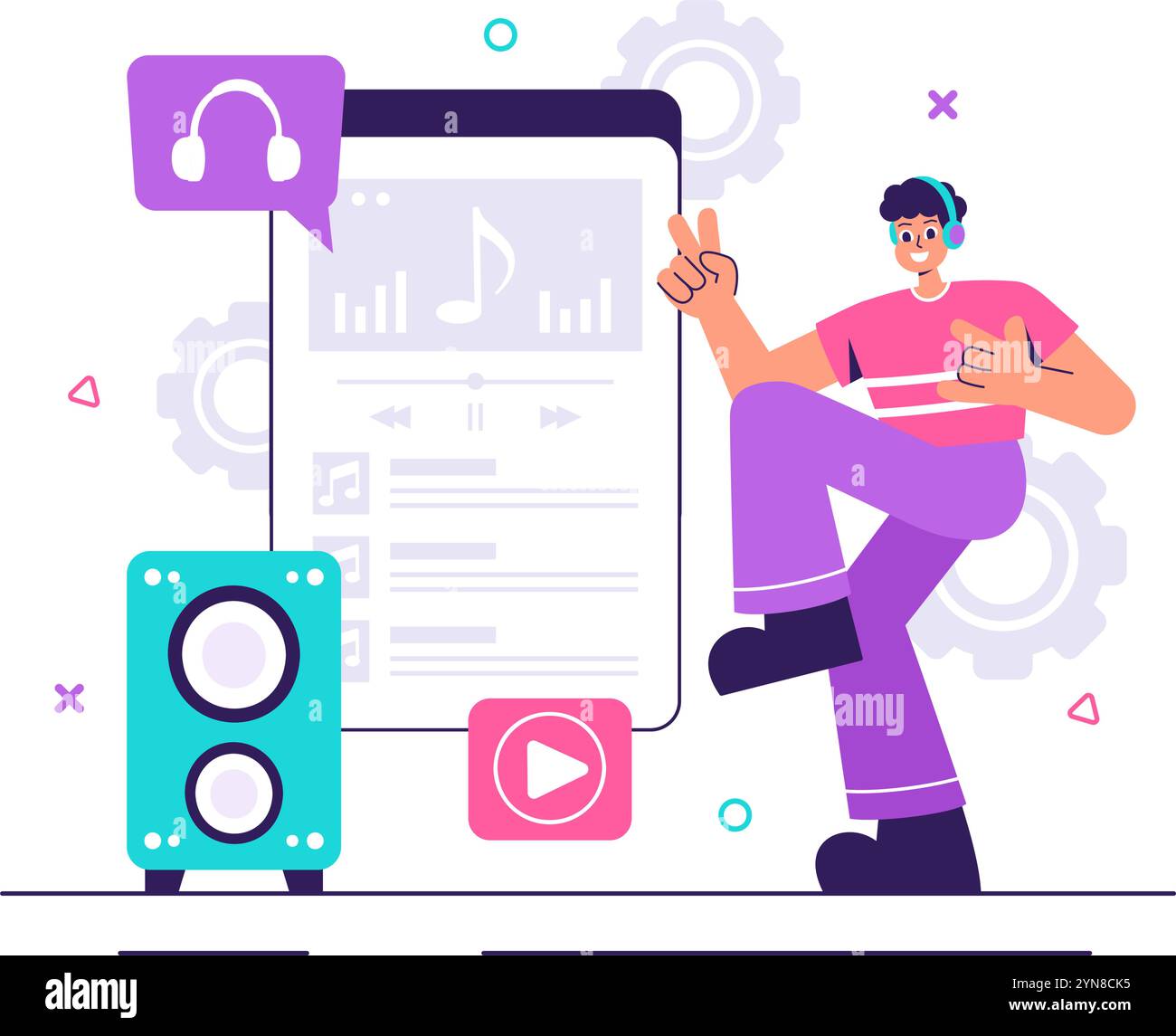 Illustration vectorielle de lecteur MP3 avec des notations musicales, des écouteurs, des écouteurs et des appareils d'applications mobiles pour écouter de la musique sur un fond plat Illustration de Vecteur