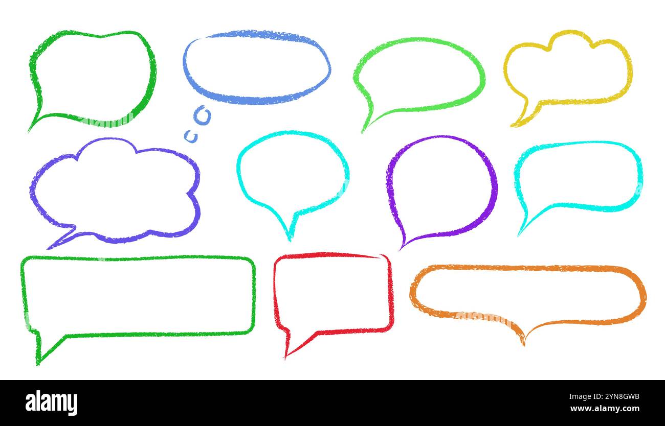 Cadre de bordure de crayon. Texture vectorielle de ligne de craie Kid en couleur. Art enfantin dessiné avec de la cire. Nuage de discours simple doodle avec contour grunge défini pour la bannière de dialogue. Modèle de dessin comique de style enfantin Illustration de Vecteur