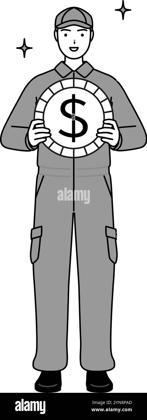 Un mécanicien en combinaisons avec des images de gains de change et d'appréciation du dollar, illustration vectorielle Illustration de Vecteur