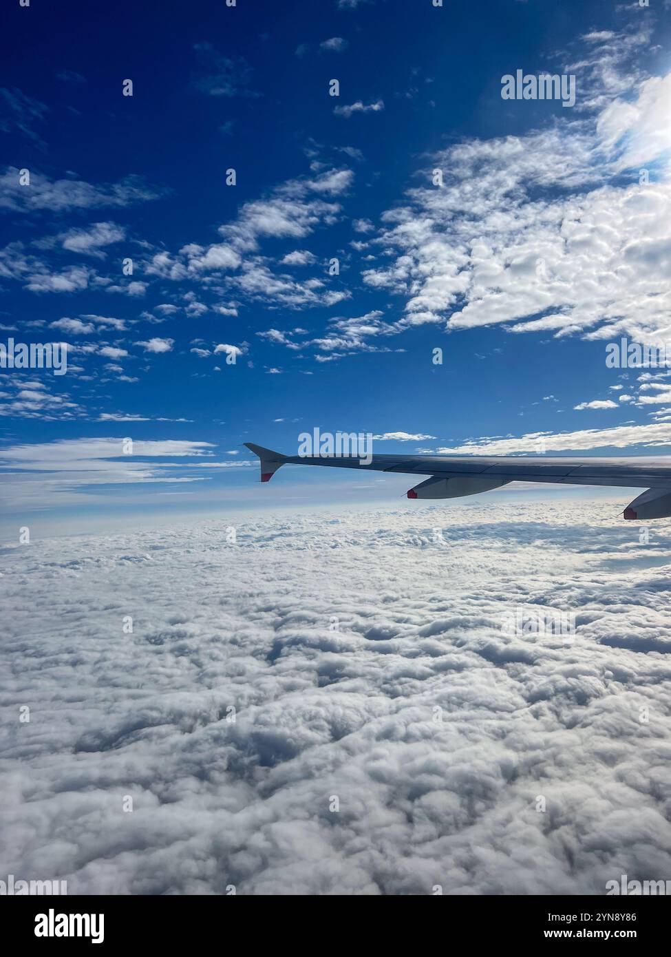 Vue dégagée du ciel et du paysage nuageux depuis l'aile de l'avion Banque D'Images