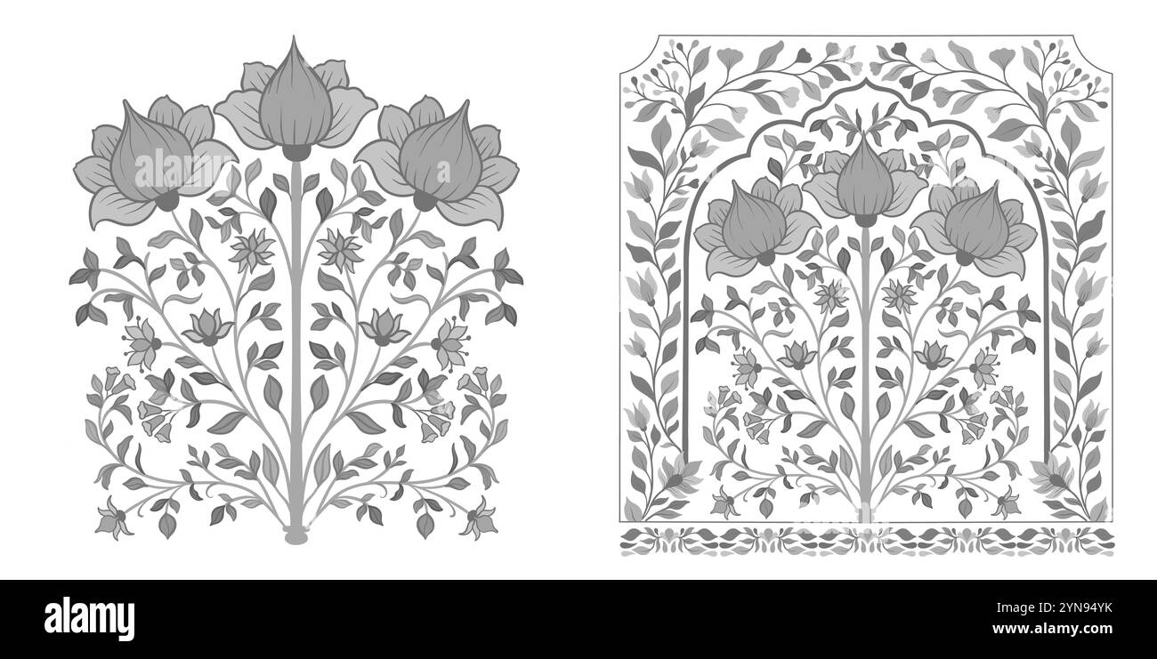 Ornement floral décoratif moghol. Vintage complexe style traditionnel moghol avec fleurs et feuillage. Illustration de Vecteur