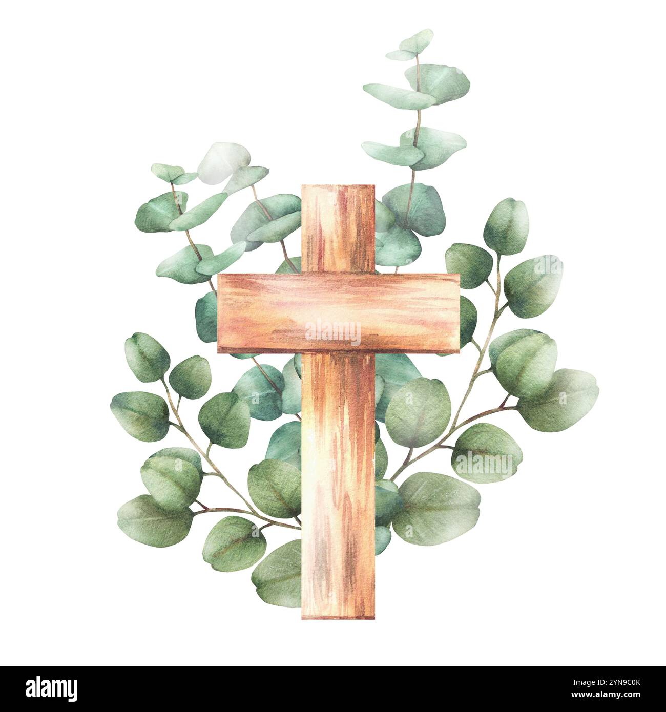 Croix de religion chrétienne avec des branches vertes de plante d'Eucalyptus. Illustration religieuse à l'aquarelle dessinée à la main. Catholique, clipart orthodoxe pour la première fois Banque D'Images Croix de religion chrétienne avec des branches vertes de plante d'Eucalyptus. Illustration religieuse à l'aquarelle dessinée à la main. Catholique, clipart orthodoxe pour la première fois Banque D'Images