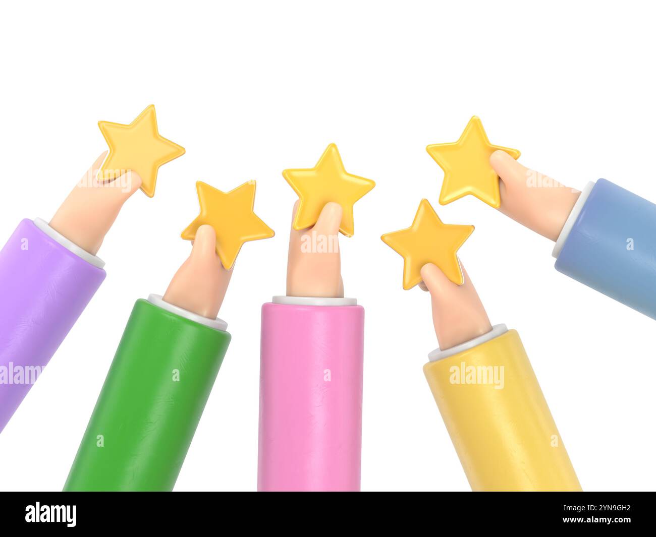 Illustration 3D de la main donnant cinq étoiles. Les clients choisissent une note de satisfaction et laissent des commentaires positifs. Concept de service à la clientèle et u Banque D'Images