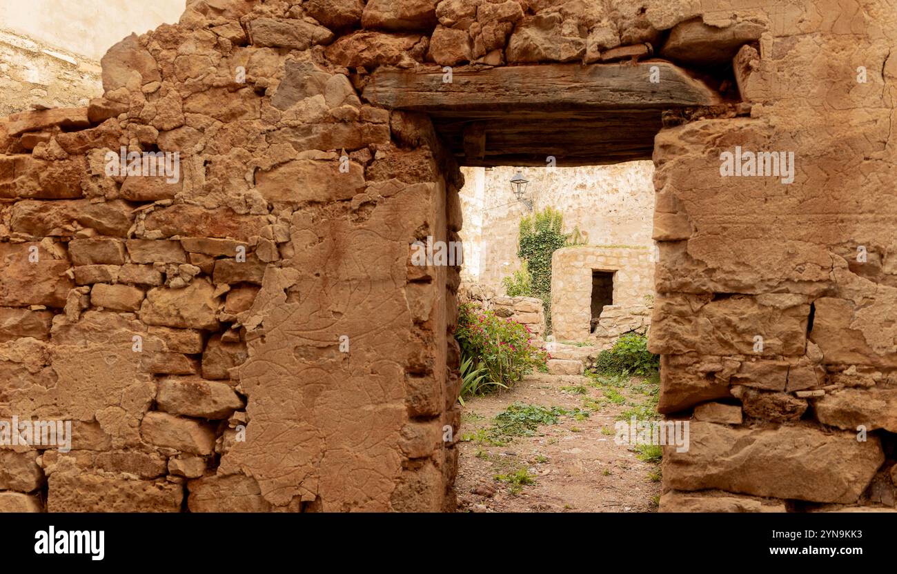Nature prenant possession d'une vieille maison, un bâtiment en pierre avec une porte ouverte. La maison a perdu son toit et des plantes et des fleurs poussent à l'intérieur. Banque D'Images